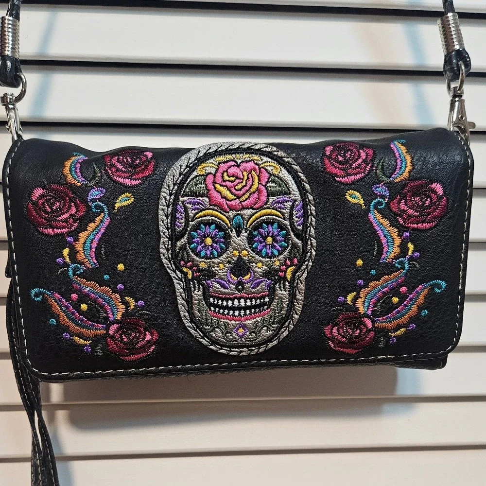 Sugar Skull Embroidered Backpack and Matching Crossbody Wallet Set Black